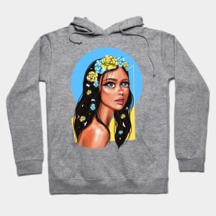 Ukrainian young emotional girl with Ukrainian symbols. Hoodie